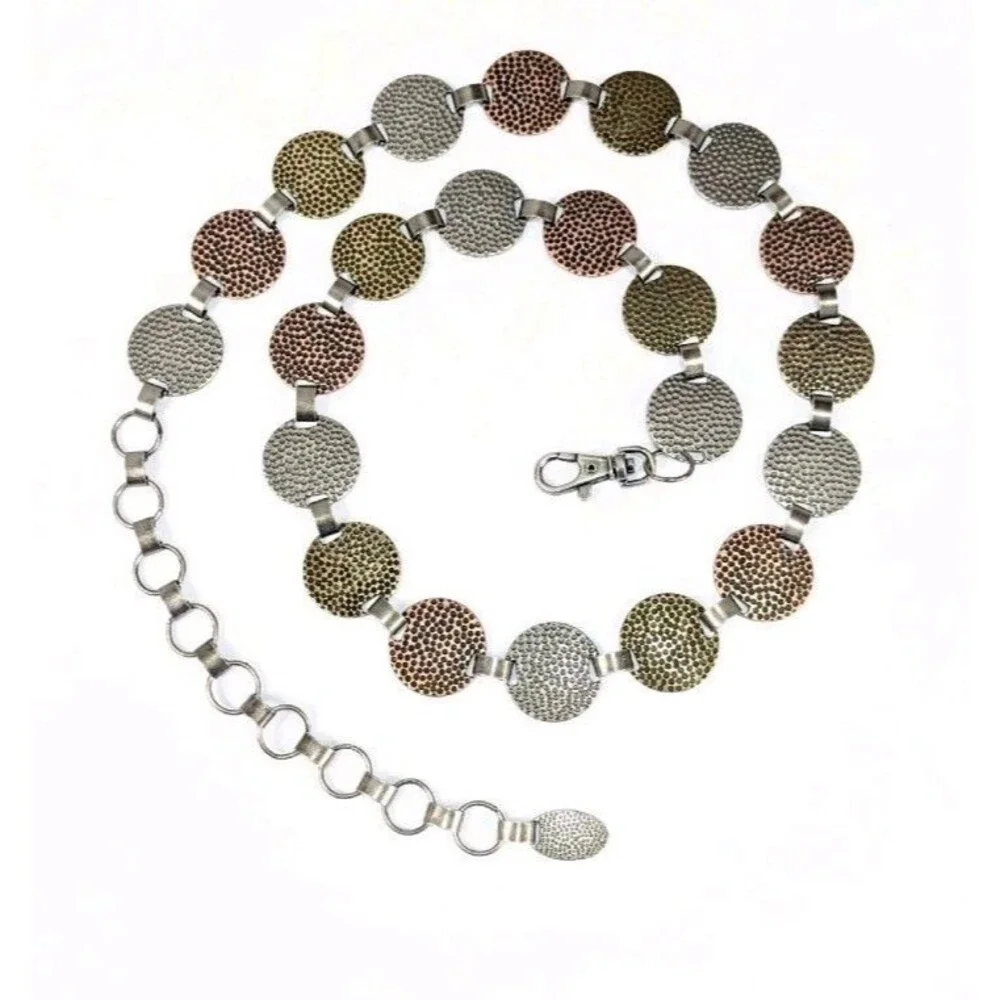 Womens Tri Color Silver Gold Tone Hammered Circle Metal Link Chain Belt XL 42